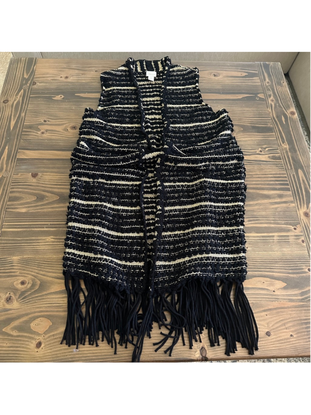Women’s Chico’s Metallic Black Gold Fringe Vest Size 0 Open Front Boho Festival - Picture 2 of 11